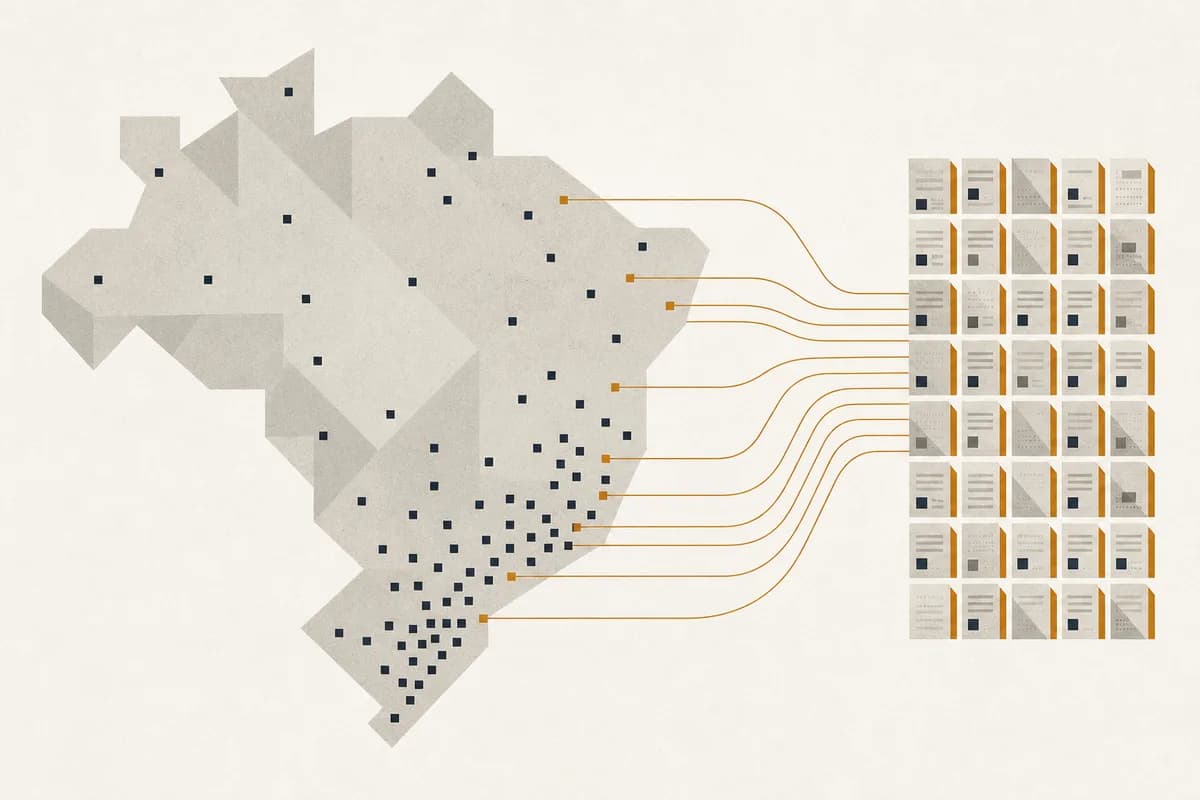 Ilustração: registros públicos dispersos pelo território convergindo para um acervo organizado